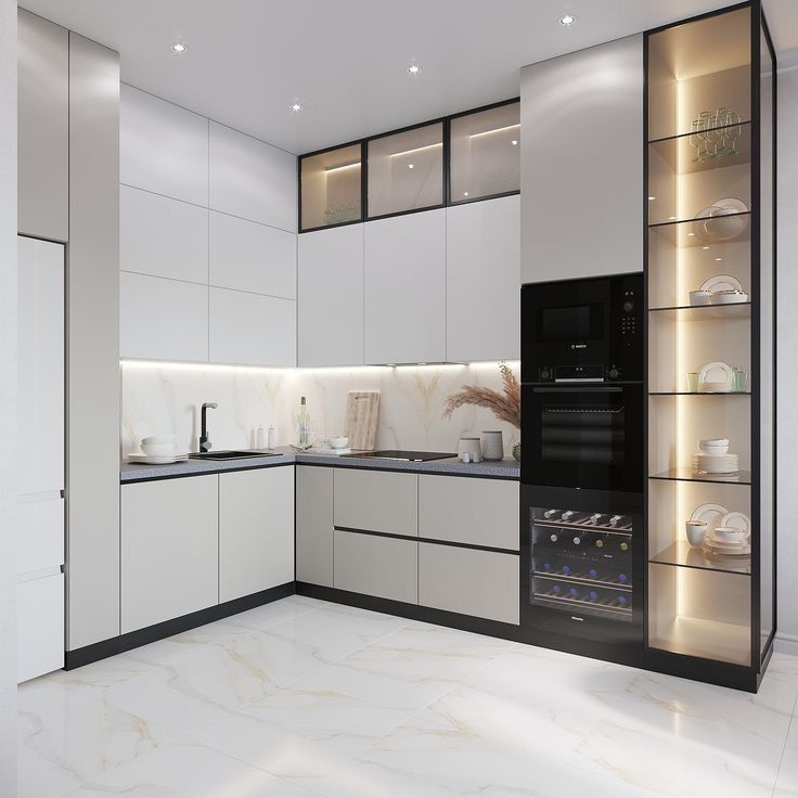Modern Depolama Lake Dolapları Montaja Hazır Lüks Köşe Cam Mutfak Teşhir Dolapları