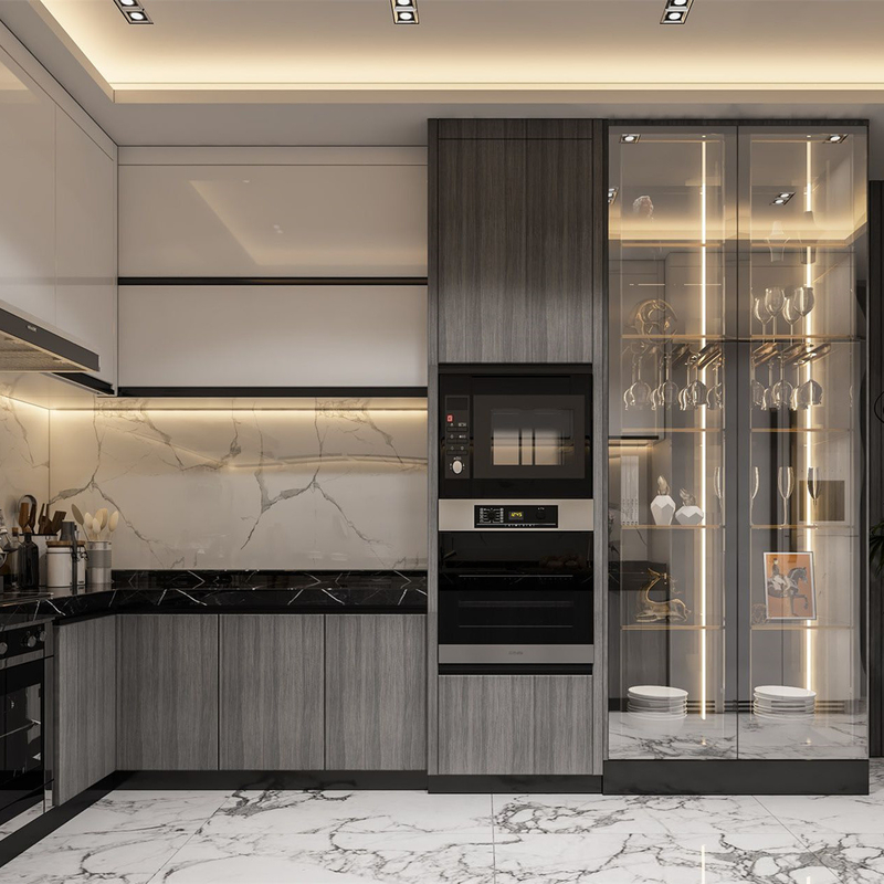 Modern Depolama Lake Dolapları Montaja Hazır Lüks Köşe Cam Mutfak Teşhir Dolapları